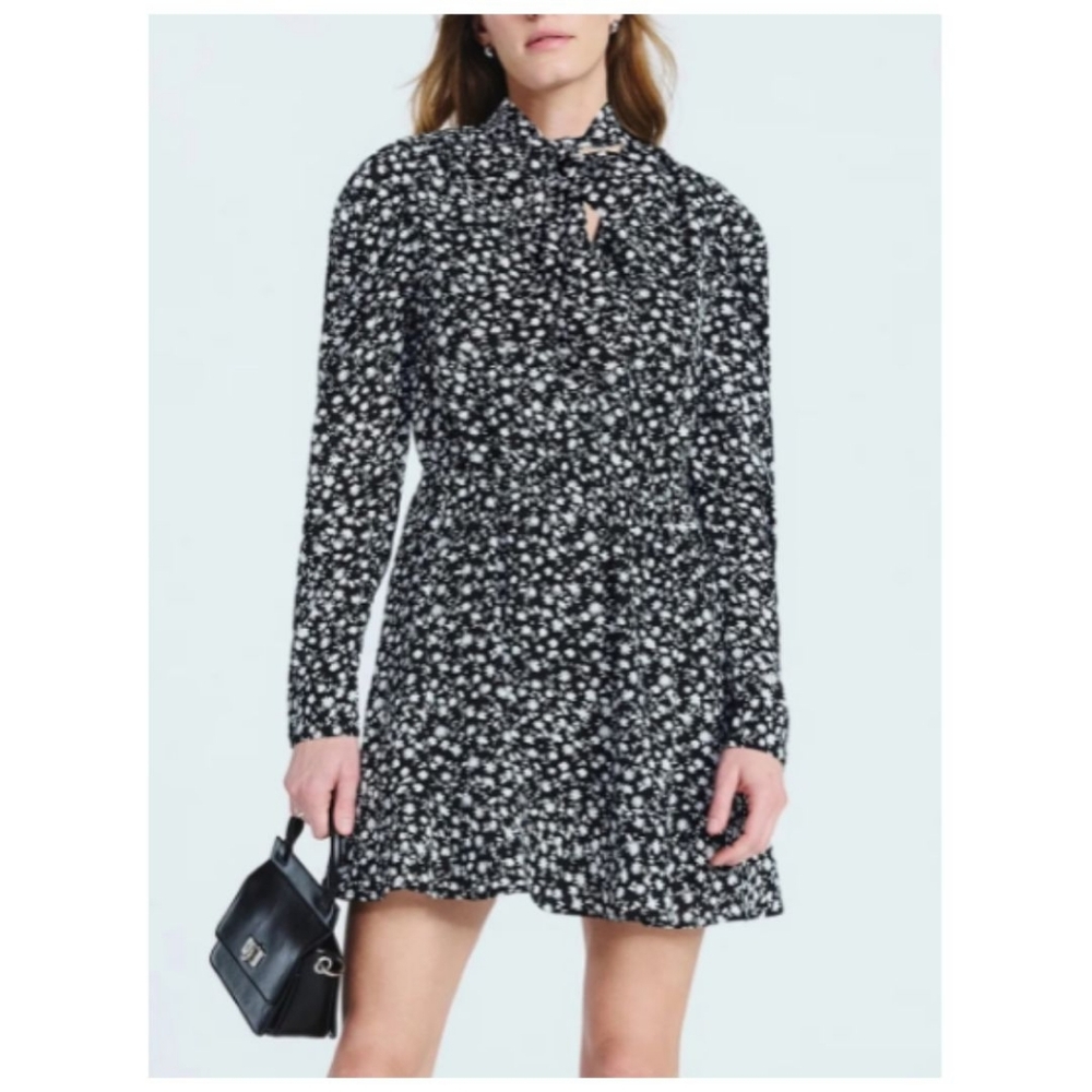 Scoop Tie Neck Floral Long Sleeve Dress, Ruching with 2 Pockets Black & White
